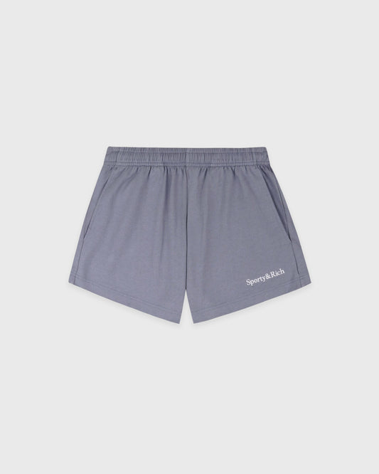 Sporty & Rich Serif Logo Embroidered Disco Short - Faded Indigo/White