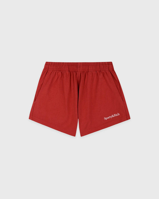 Sporty & Rich Serif Logo Embroidered Disco Short - Faded Merlot/White