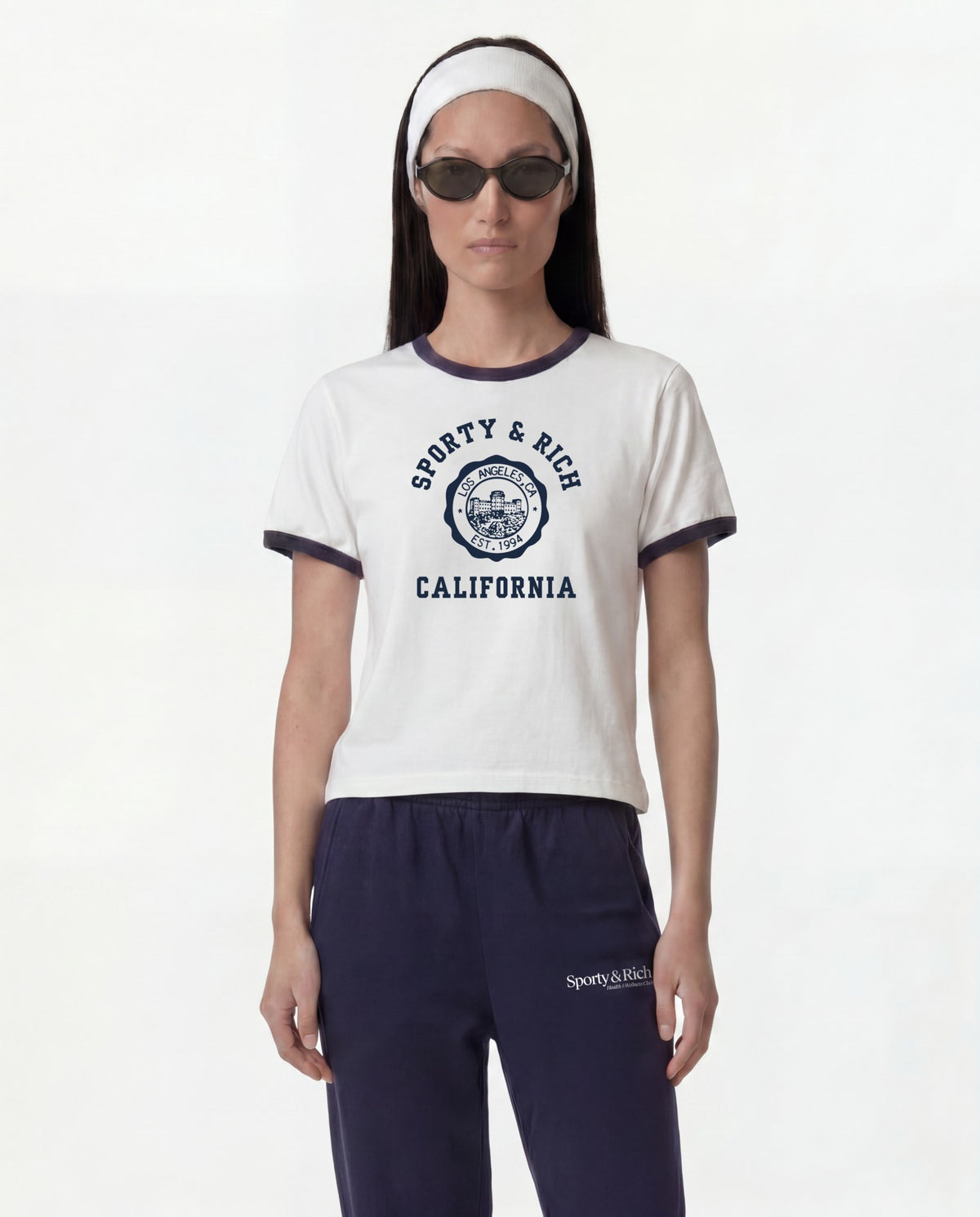 Sporty & Rich California Emblem Soft Ringer Tee - White/Dark Navy