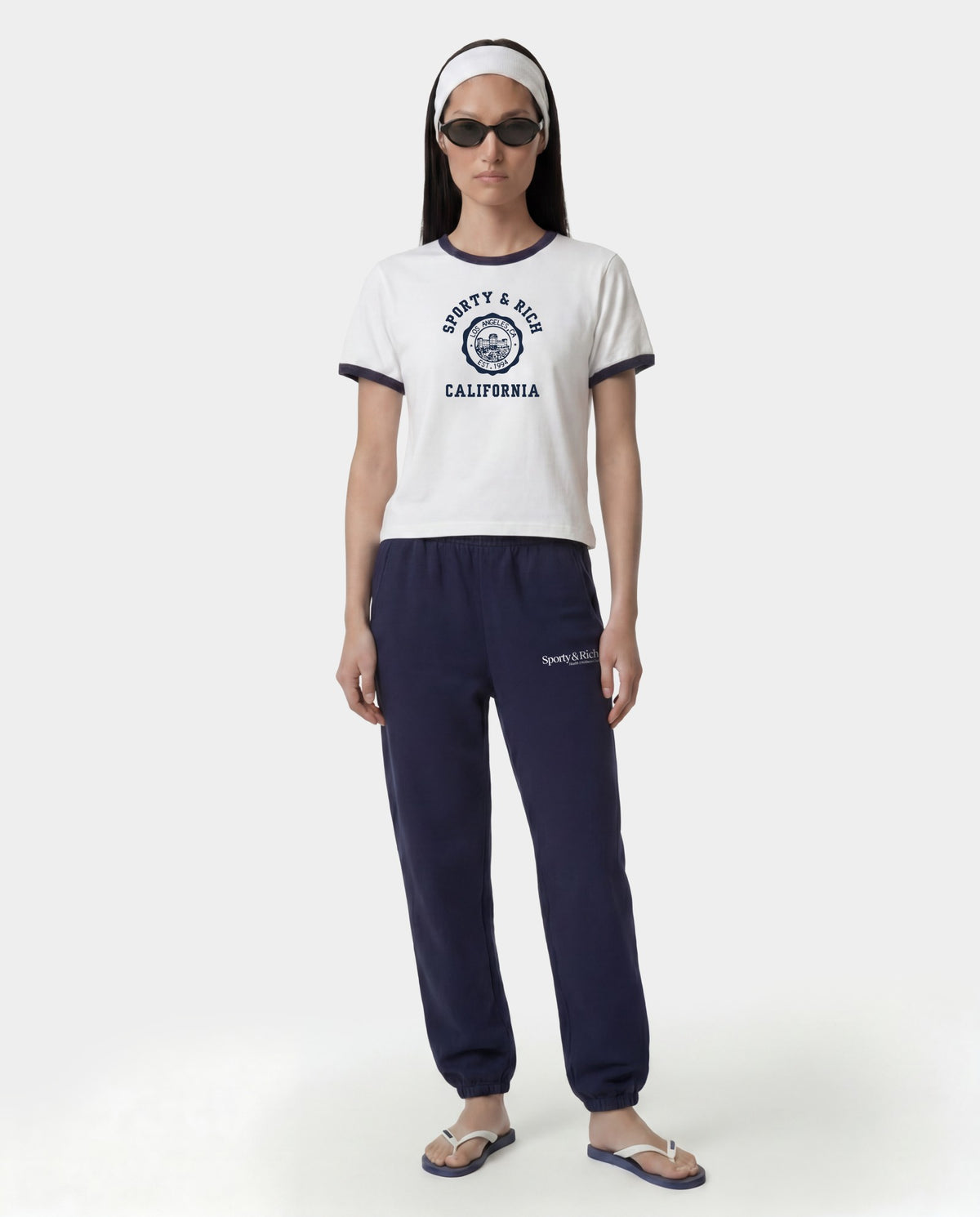 Sporty & Rich California Emblem Soft Ringer Tee - White/Dark Navy