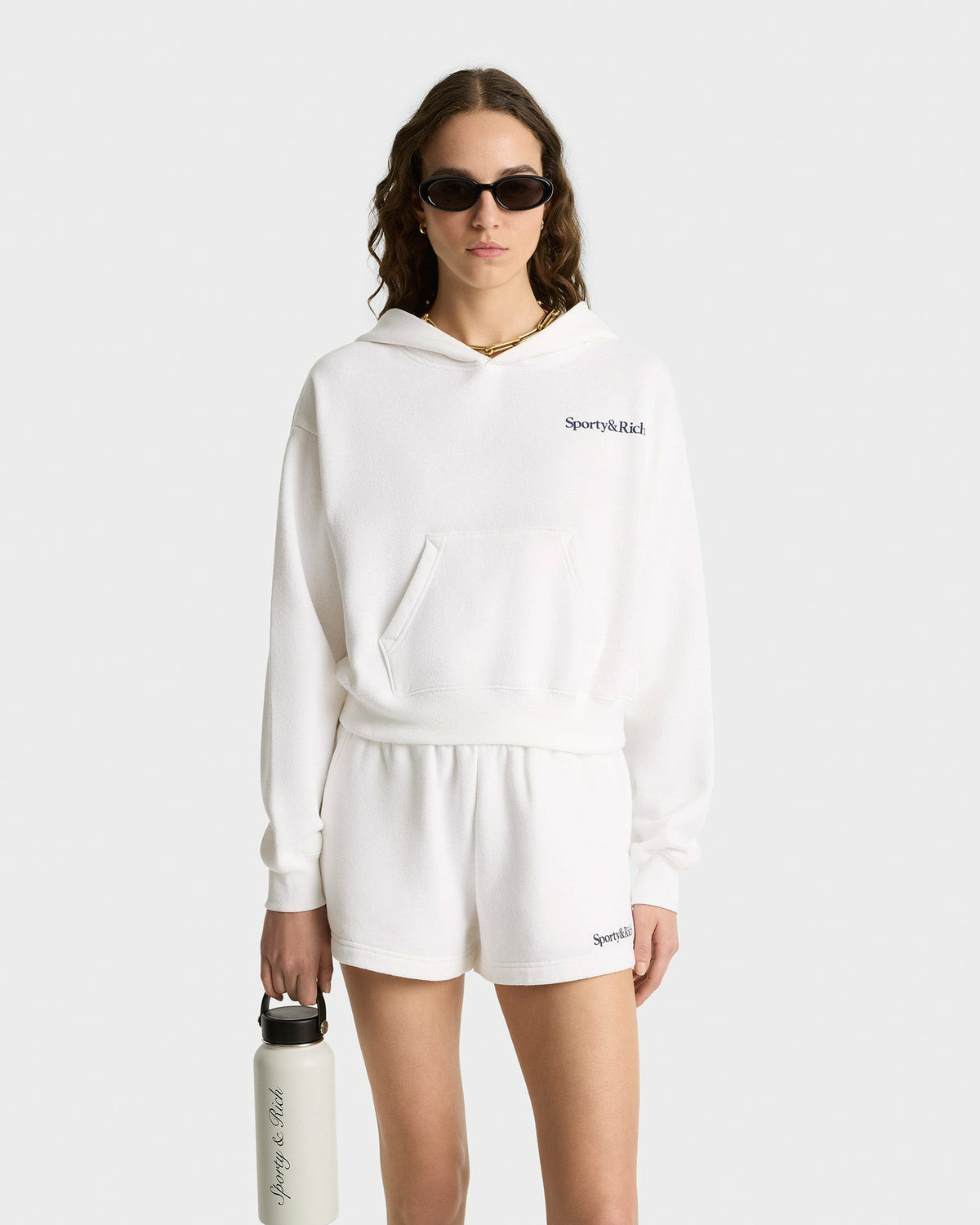 Sporty & Rich Health Is Wealth Soft Cropped Hoodie - White/Navy
