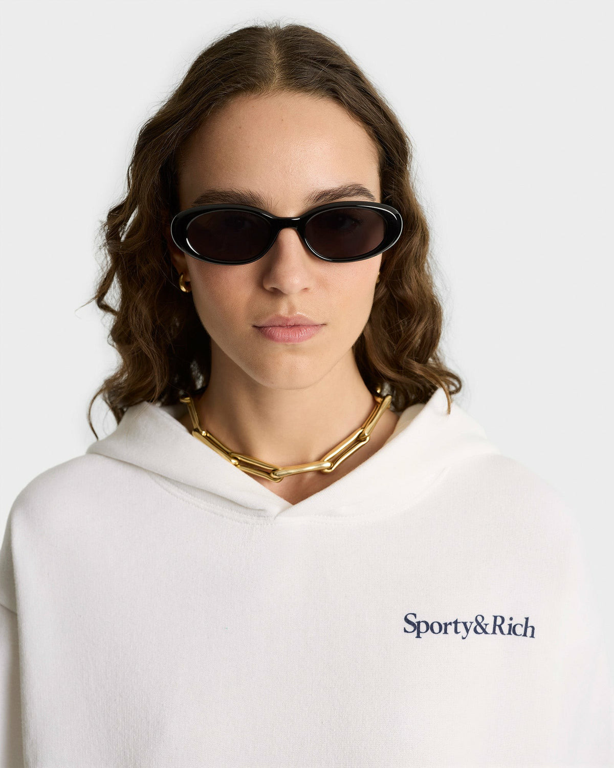 Sporty & Rich Health Is Wealth Soft Cropped Hoodie - White/Navy