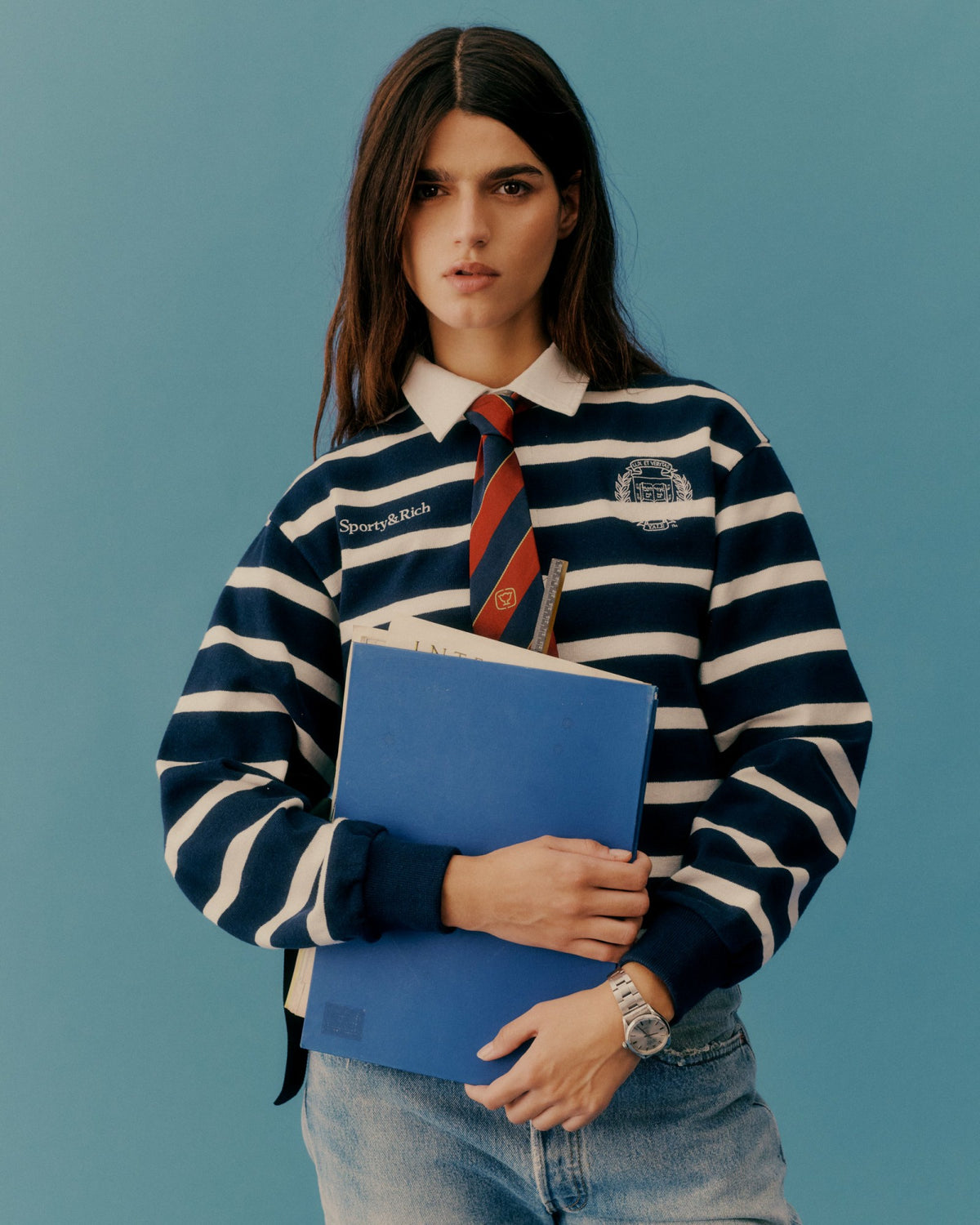 Sporty & Rich Yale Crest Rugby Polo - Navy/White