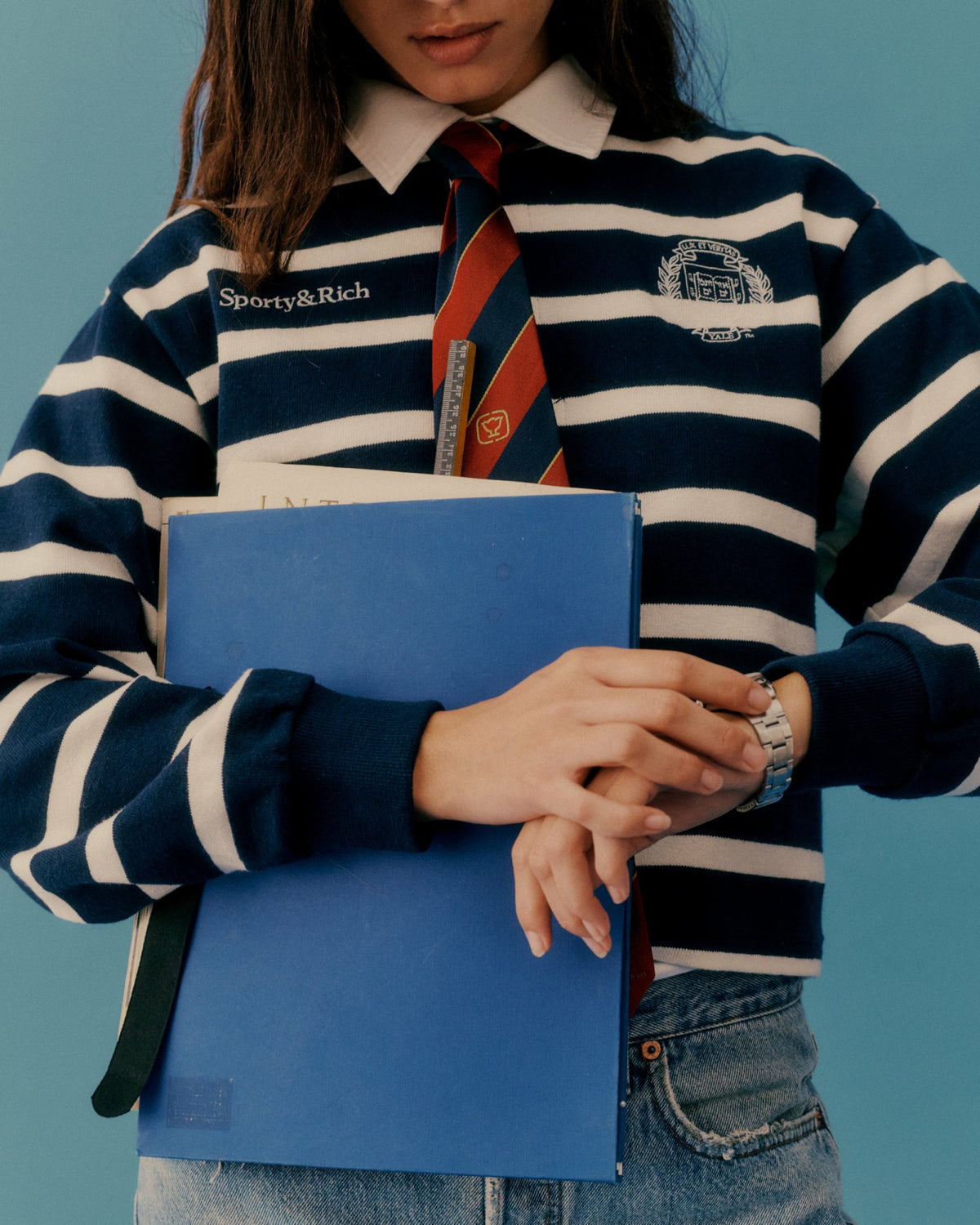 Sporty & Rich Yale Crest Rugby Polo - Navy/White