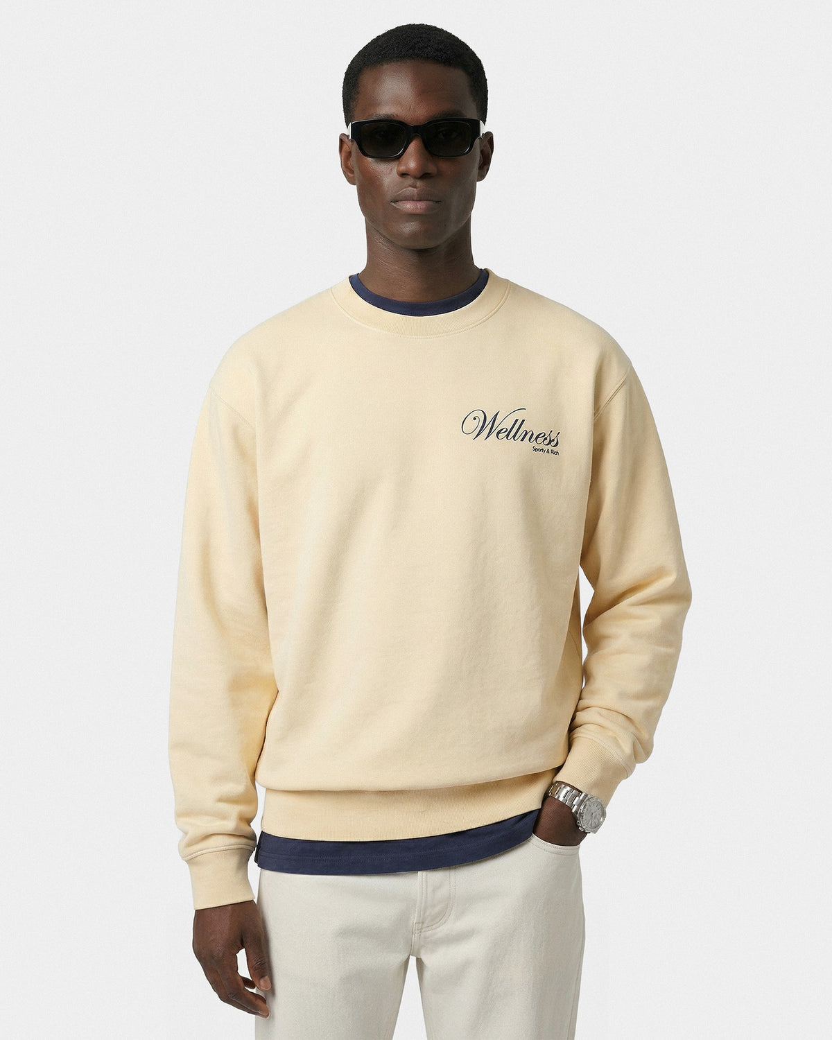 Sporty & Rich Avenue Crewneck - Almond/Navy