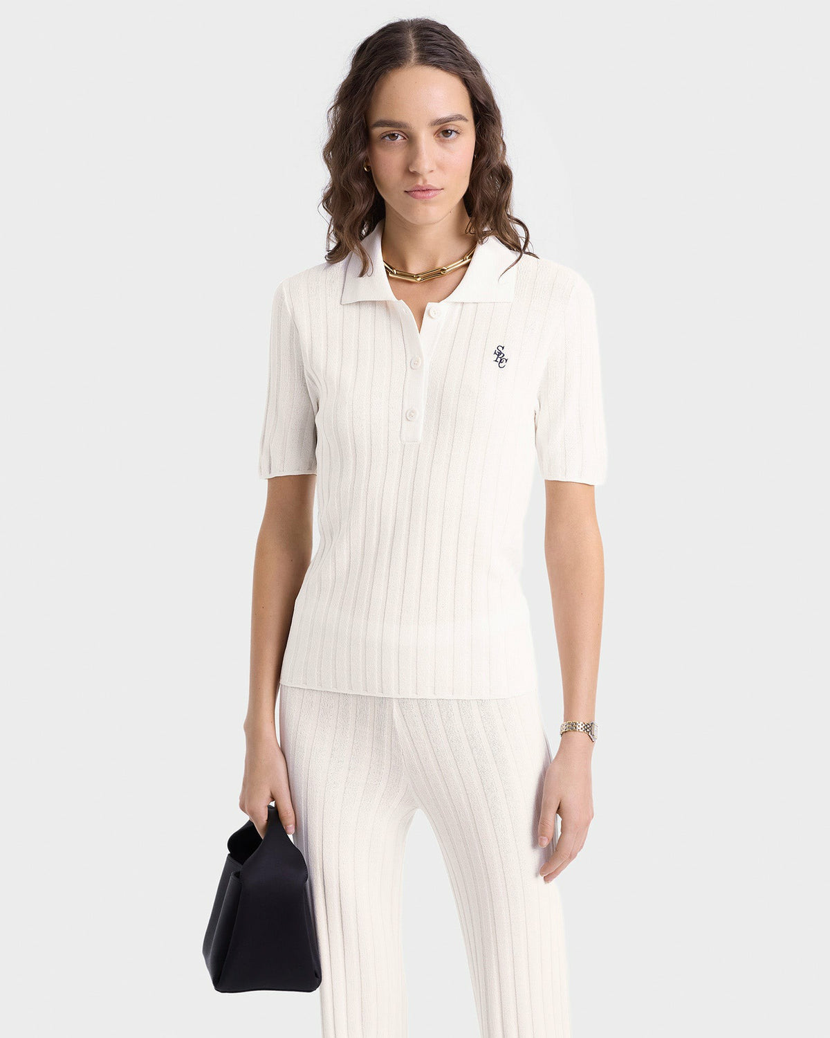 Sporty & Rich SRC Ribbed Polo - Ecru/Navy
