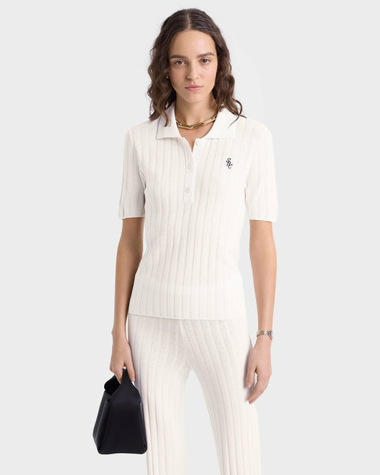 Sporty & Rich SRC Ribbed Polo - Ecru/Navy