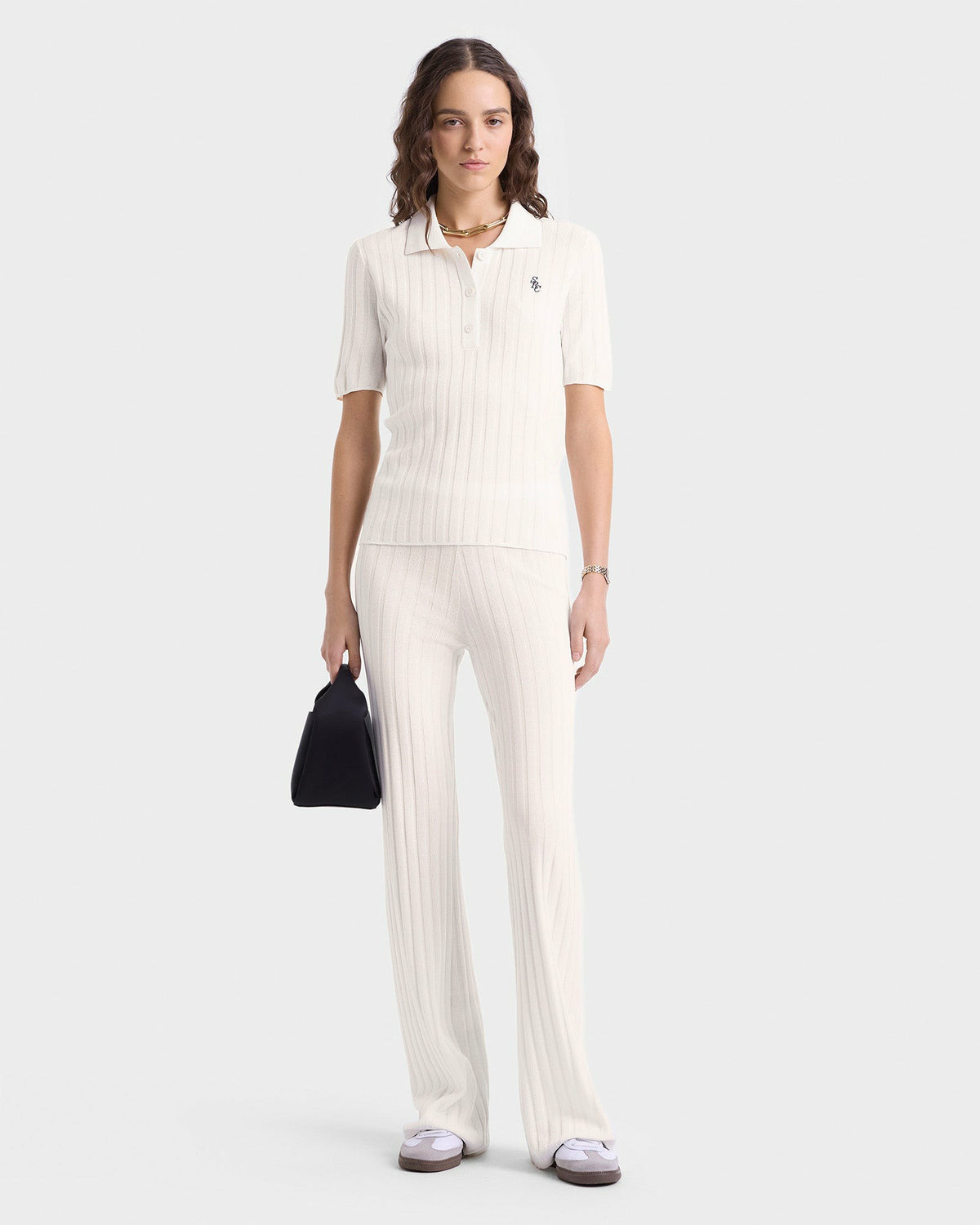 Sporty & Rich SRC Ribbed Polo - Ecru/Navy
