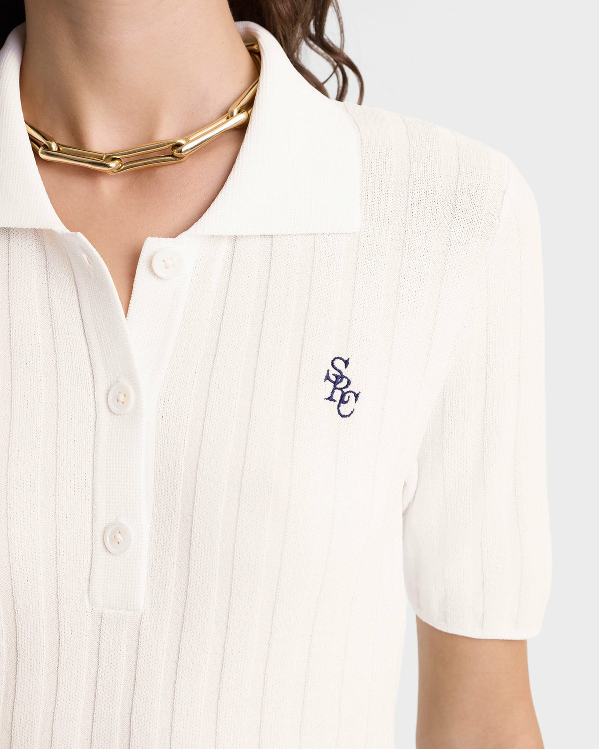 Sporty & Rich SRC Ribbed Polo - Ecru/Navy