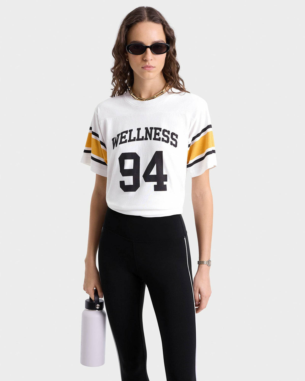 Sporty & Rich Wellness 94 Rugby Tee - White/Faded Gold/Faded Black