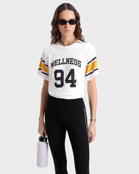 Sporty & Rich Wellness 94 Rugby Tee - White/Faded Gold/Faded Black