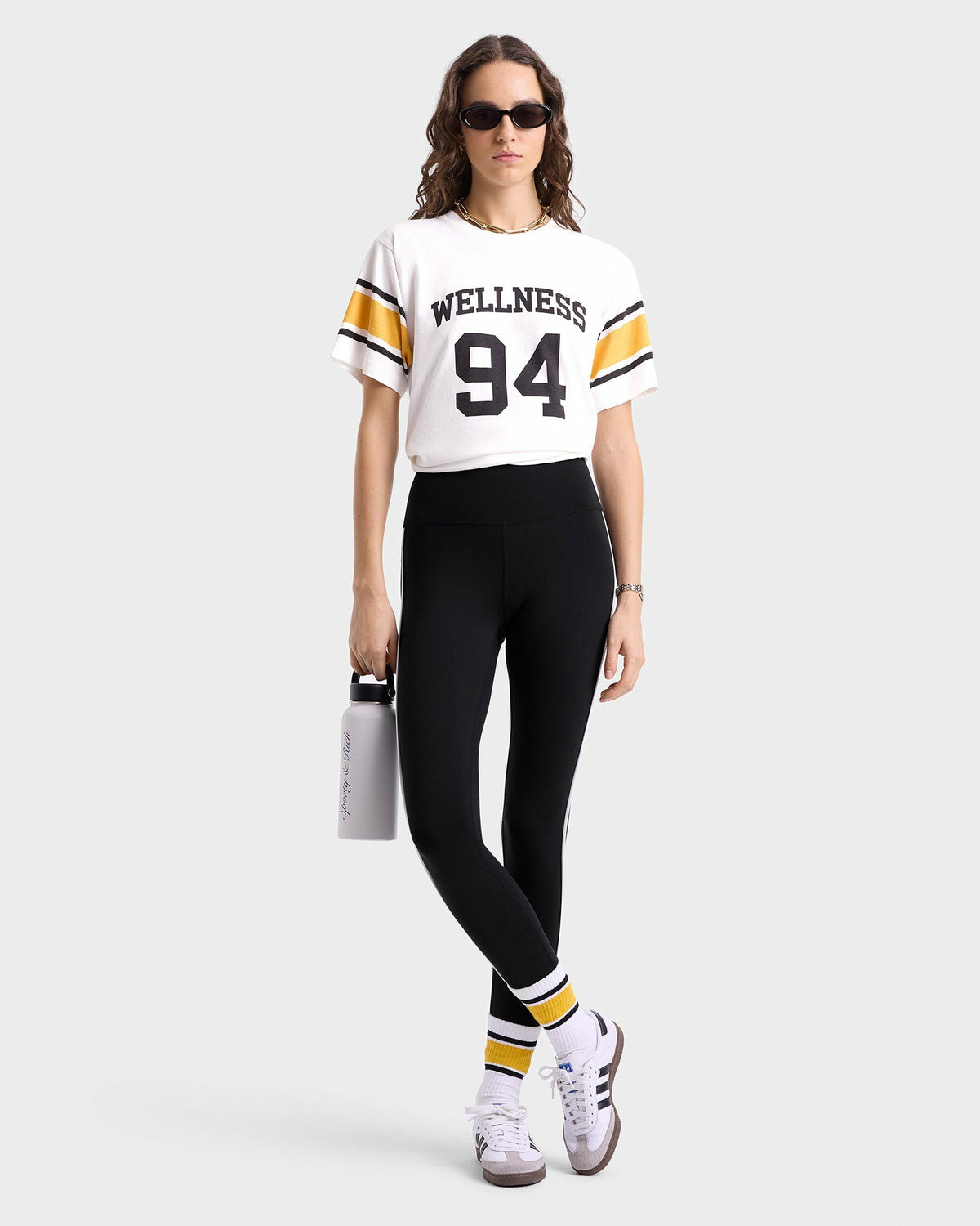 Sporty & Rich Wellness 94 Rugby Tee - White/Faded Gold/Faded Black