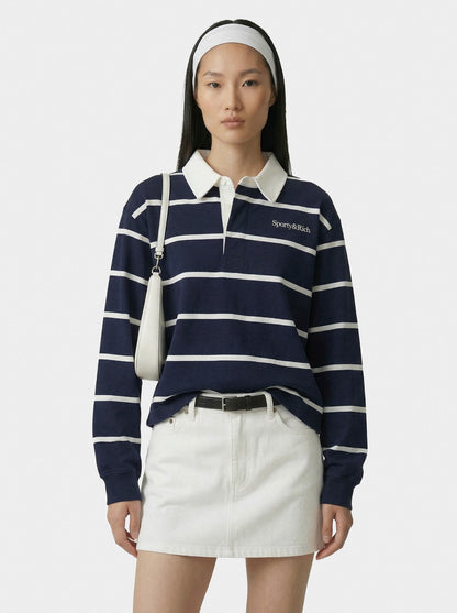 Sporty & Rich Serif Logo Rugby Polo - Navy/White