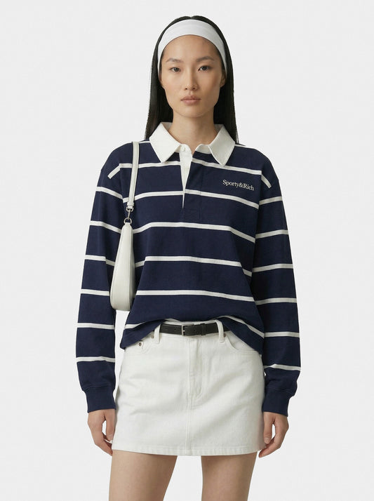 Sporty & Rich Serif Logo Rugby Polo - Navy/White