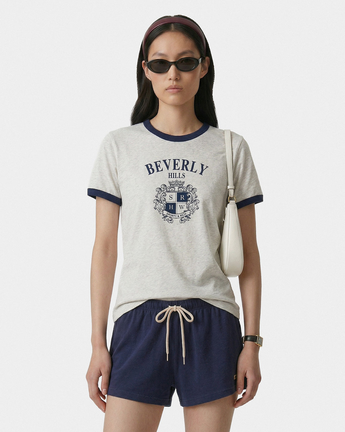 Sporty & Rich BH Crest Soft Ringer Tee - Heather Gray/Navy