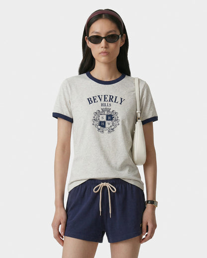 Sporty & Rich BH Crest Soft Ringer Tee - Heather Gray/Navy