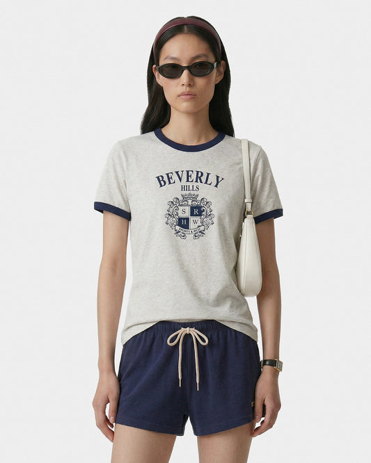 Sporty & Rich BH Crest Soft Ringer Tee - Heather Gray/Navy
