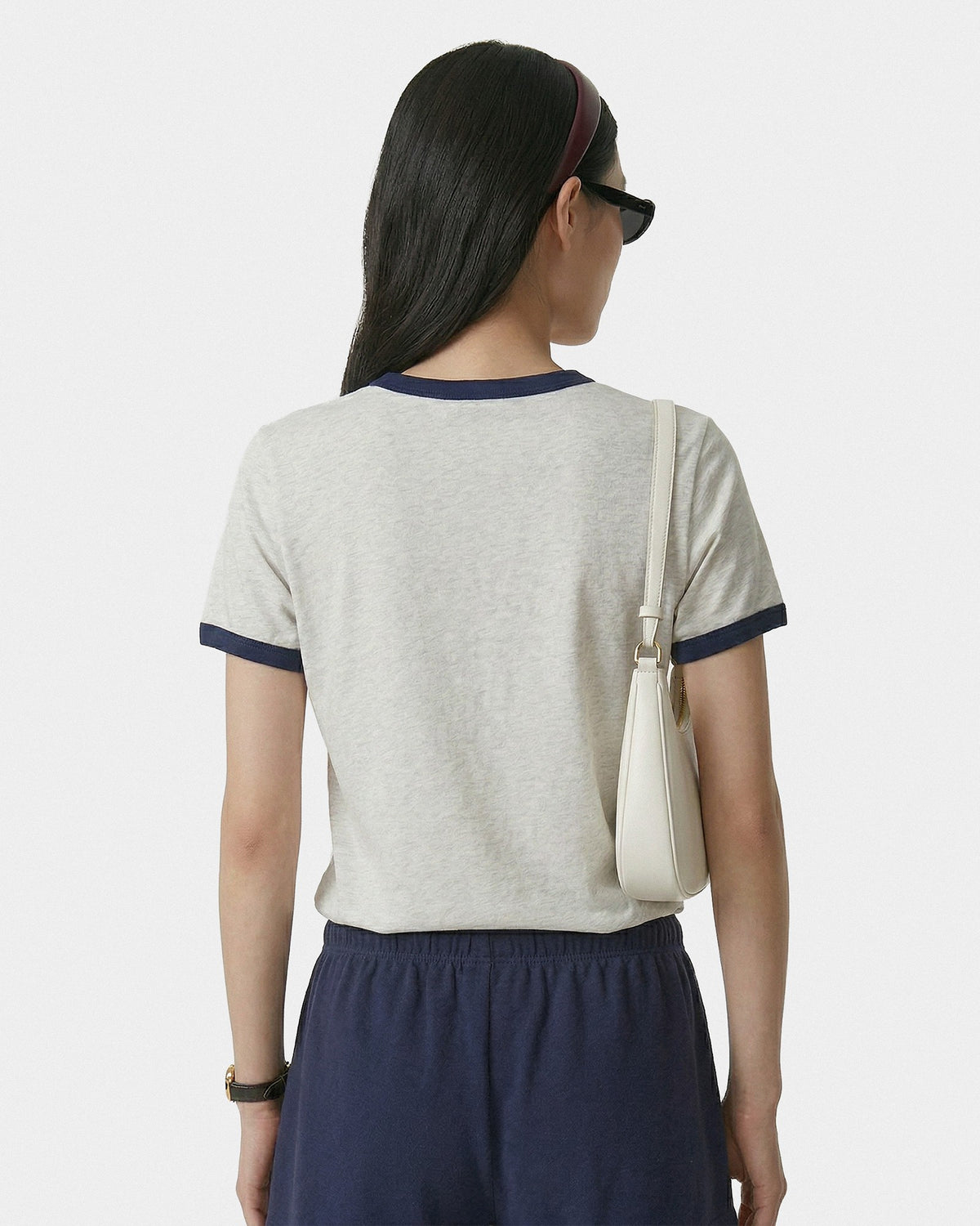 Sporty & Rich BH Crest Soft Ringer Tee - Heather Gray/Navy