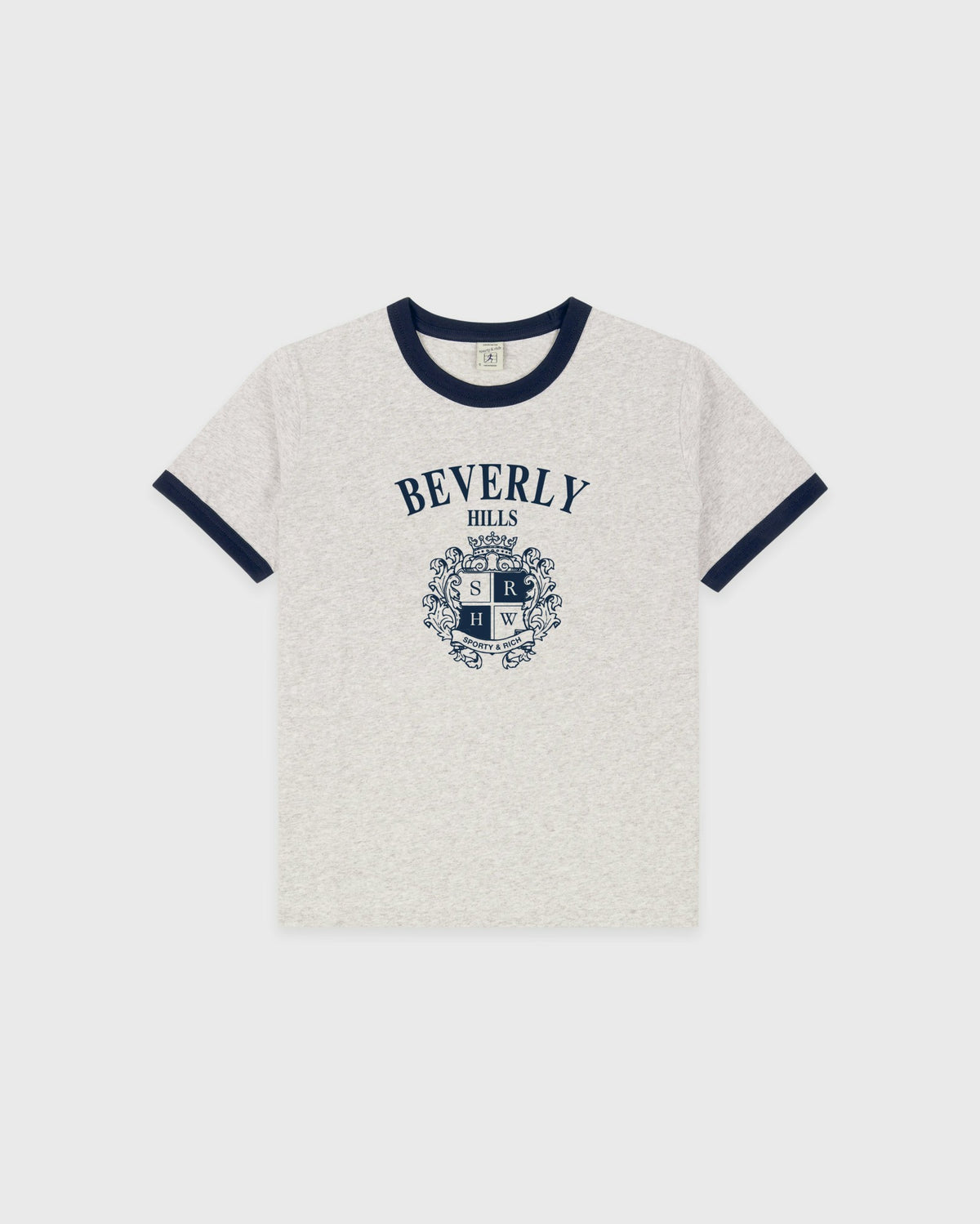 Sporty & Rich BH Crest Soft Ringer Tee - Heather Gray/Navy
