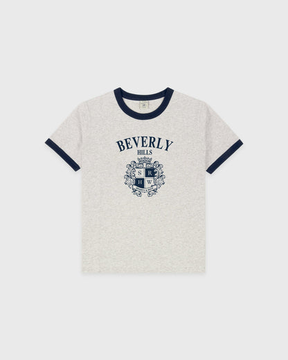 Sporty & Rich BH Crest Soft Ringer Tee - Heather Gray/Navy