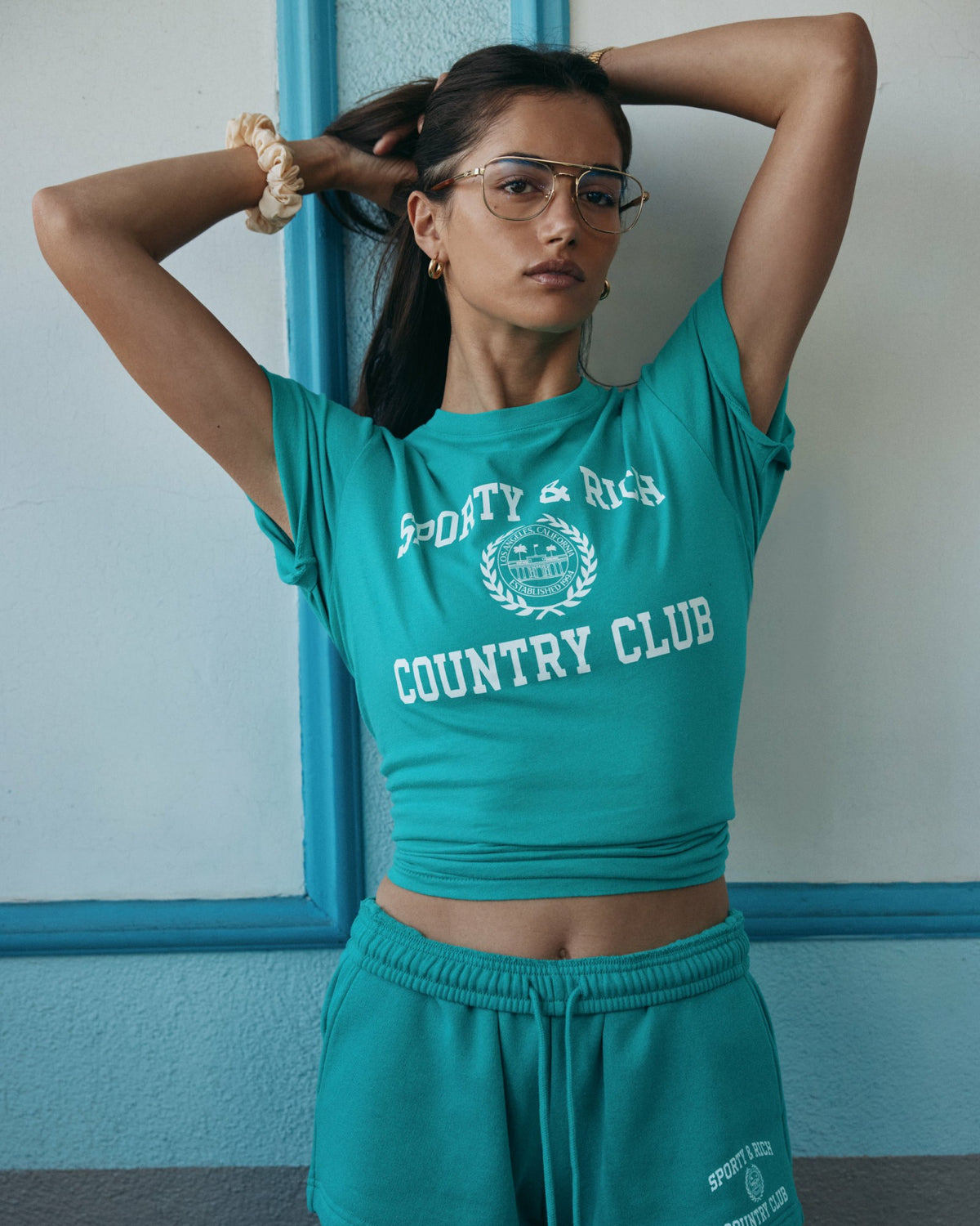 Sporty & Rich Varsity Crest Soft Disco Short - Spring Green/White