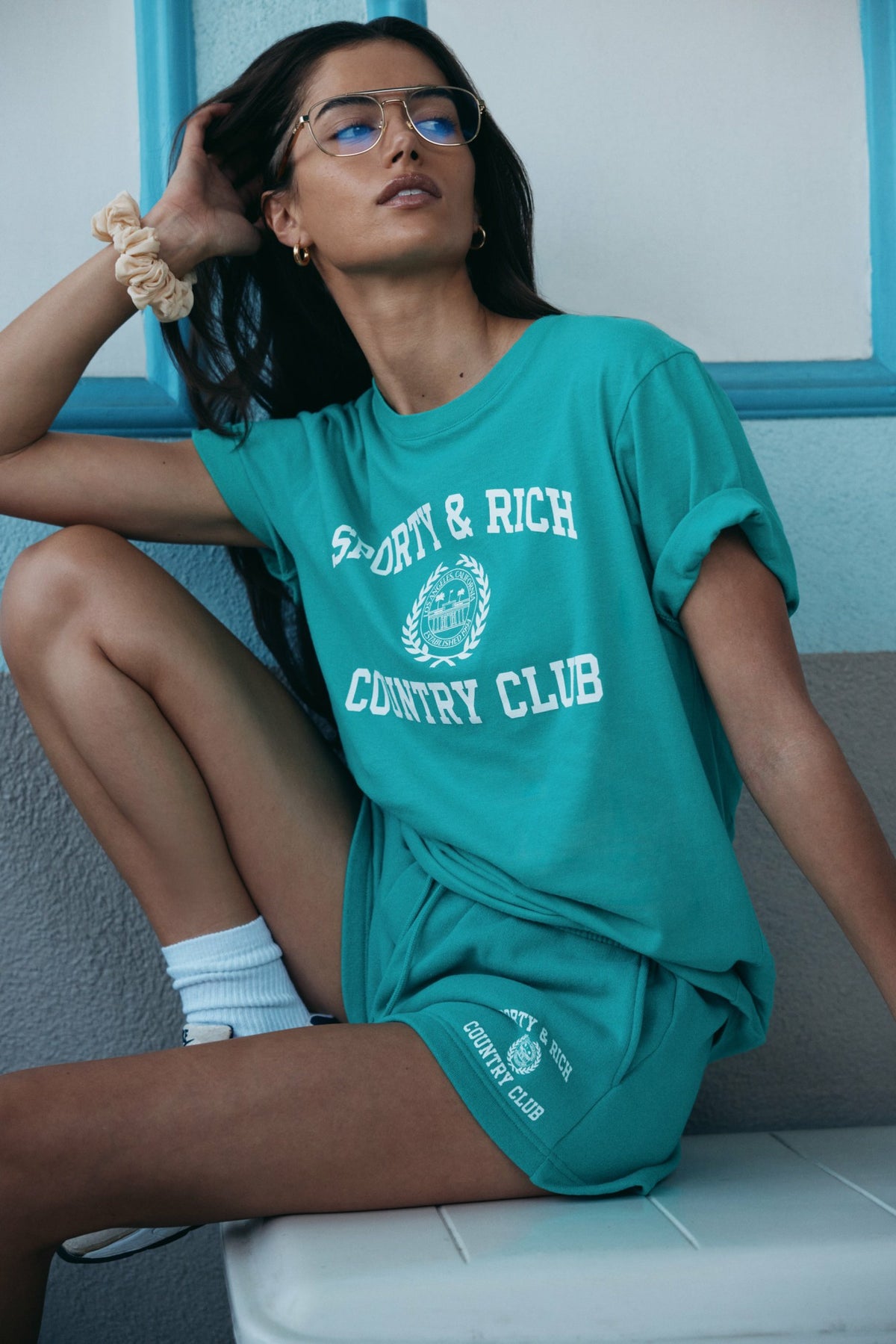 Sporty & Rich Varsity Crest Soft Disco Short - Spring Green/White