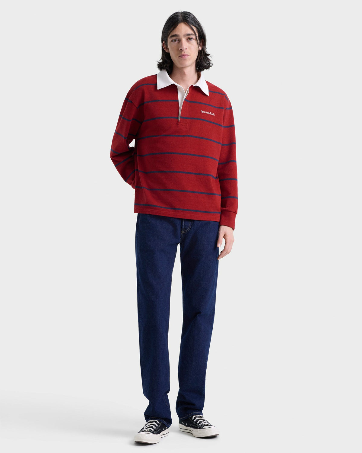 Sporty & Rich Serif Logo Rugby Polo Men - Merlot/White/Dark Navy